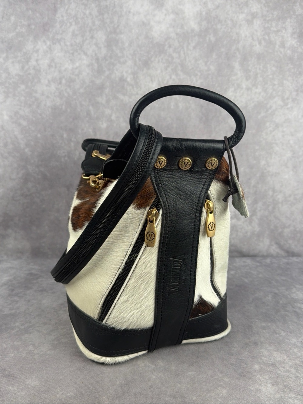 Valentina Italy Leather Cowhide Convertible Sling Backpack Bucket Bag Boho